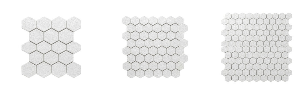 Set of white ceramic hexagonal mosaic tiles isolated on a white background interior and architecture design collection