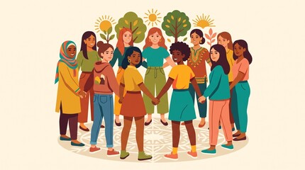 Fototapeta premium Diverse group of women of different ethnicities standing in a circle and holding hands, representing unity, sisterhood, and female empowerment in a colorful flat vector illustration.