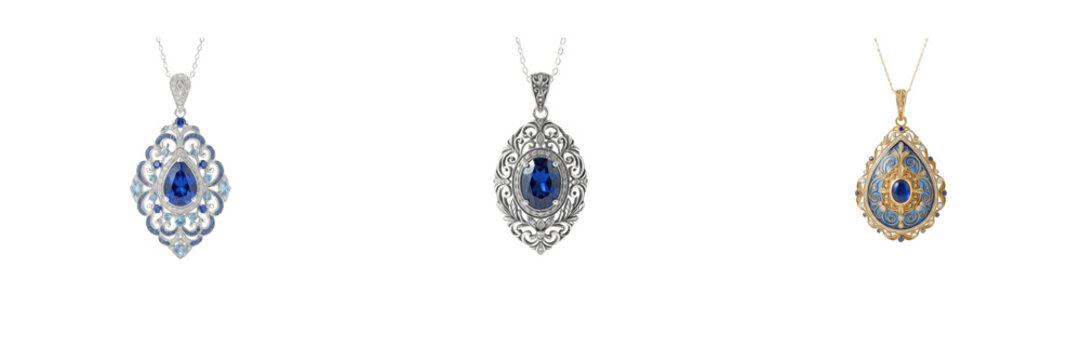 Set of elegant luxury sapphire and diamond pendants isolated on a white background jewelry collection for fashion and design