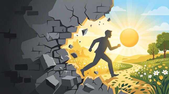 Silhouette of a man breaking through a dark stone wall towards a bright sunny meadow, representing freedom, new beginnings, and overcoming obstacles.