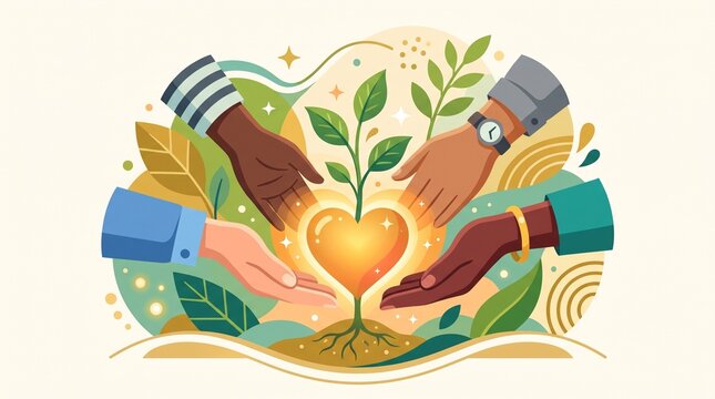 Concept of Community Care and Diversity with Diverse Multiracial Hands Protecting a Glowing Heart and Growing Sprout, Symbolic of Unity, Sustainability, and Charity in a Modern Vector Illustration.