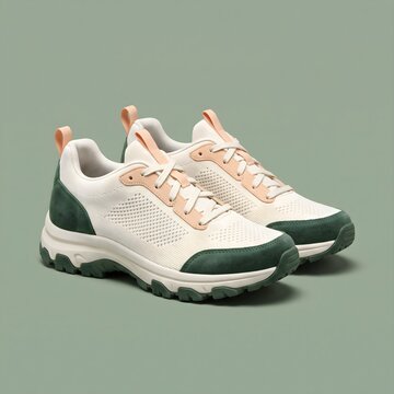 Modern athletic sneakers, stylish running shoes, white and green footwear