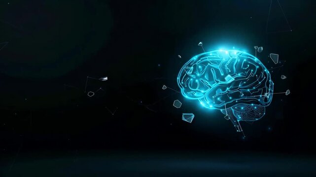 Futuristic glowing blue artificial intelligence brain hologram with digital neural network nodes and floating geometric particles in a dark cyberspace environment.
