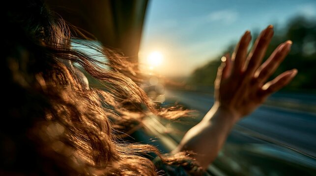 Woman enjoying car ride feeling freedom and wind. Woman feeling the wind on her face and hair while traveling by car at sunset