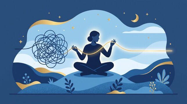 Conceptual Illustration of a Woman Meditating to Untangle Mental Chaos into Clarity, Symbolizing Mindfulness, Therapy, and Stress Relief in a Serene Night Sky Landscape