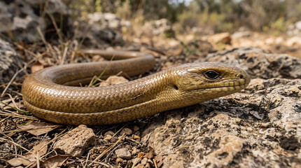 Fototapeta premium Legless brown lizard resting on coastal rocks with Mediterranean vegetation and sea cliffs in the background