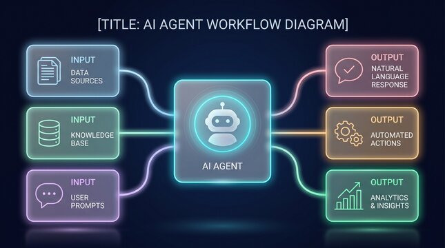 Digital automation pipeline diagram showing AI workflow input processing and automated output