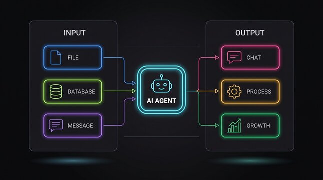 Workflow architecture diagram showing AI agent input processing and automated output system