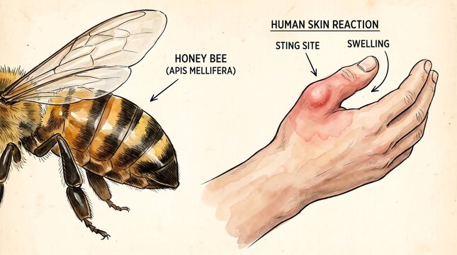 Vintage honey bee sting medical illustration, human skin reaction on hand with swelling, anatomical diagram of apis mellifera