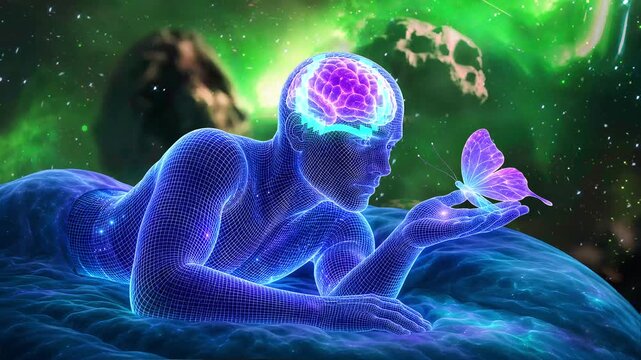 2D Wireframe Glowing Human Body Holding Glowing Butterfly with Brain Activity Visualization in Space