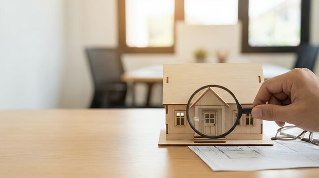 A magnifying glass closely examining a detailed model of a house representing the careful selection and evaluation process in real estate. magnifying glass magnifier loupe search inspect examine