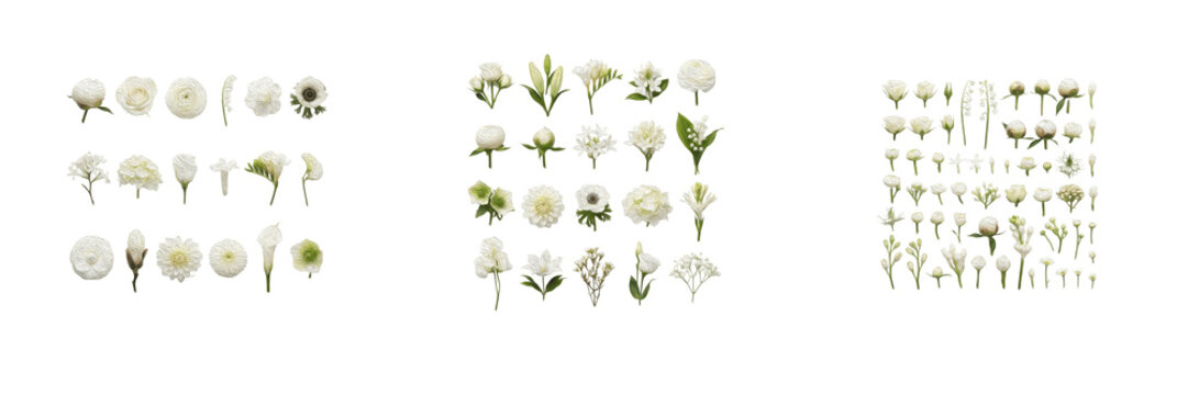 Set of beautiful white flowers and botanical elements isolated on a white background floral nature collection for wedding design and spring decoration