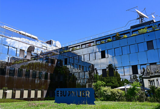 Geneva, Switzerland, Europe :  05.2026 : 70 anniversary board in front of headquarters of European Broadcasting Union, alliance of public media organizations in European Broadcasting Area