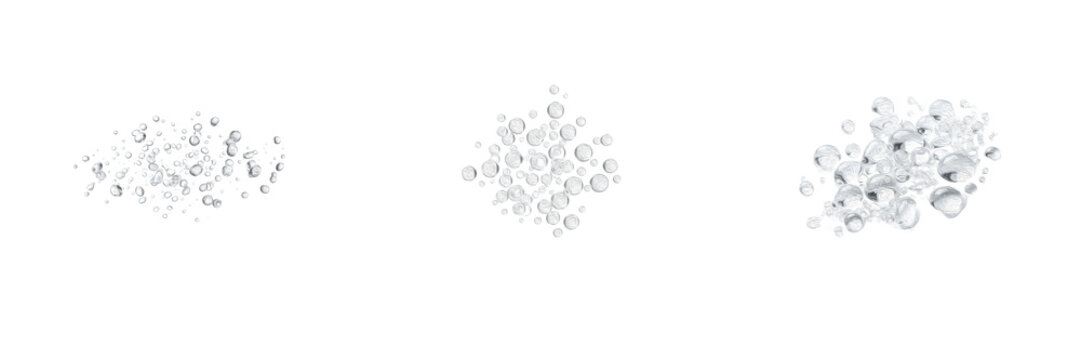 Set of clear clean water droplets and bubbles isolated on a white background liquid splash collection for refreshing beverage and hydration design