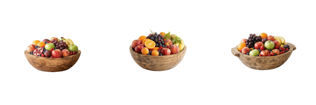 Set of delicious fresh colorful mixed fruits in wooden bowls isolated on white background healthy organic food collection for diet and nutrition design