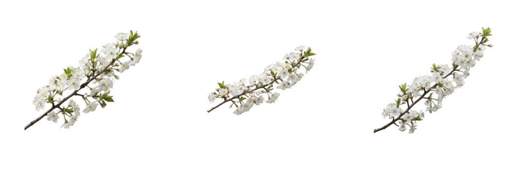 Set of beautiful blooming spring white cherry blossom tree branches isolated on white background floral nature collection for seasonal design and greeting card decoration