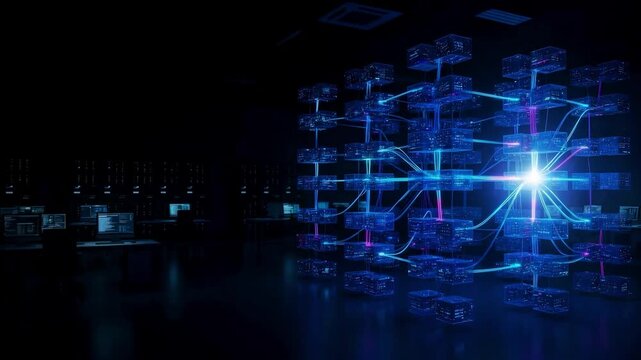 Futuristic massive decentralized blockchain network infrastructure with a glowing central data core pulsing energy through interconnected server racks in a dark data center.
