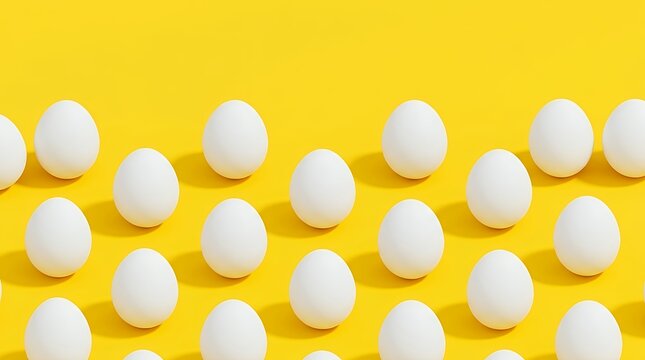 A minimalist 3D pattern of white eggs arranged on a bright seamless isometric yellow background creating a clean and modern food concept still life. eggs white eggs egg food 3d render pattern