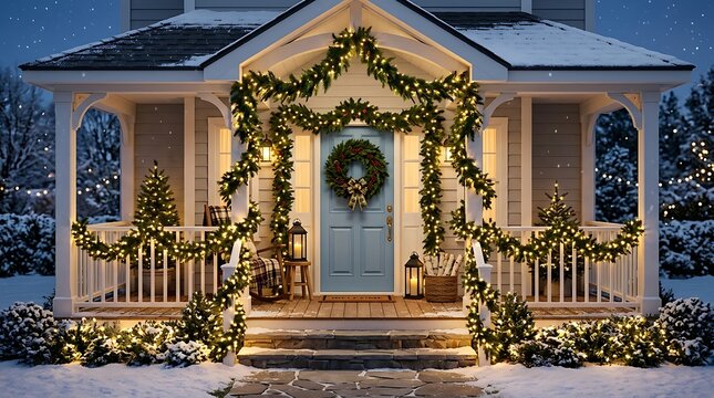 Front porch of a house decorated with Christmas lights and greenery during a snowy winter evening