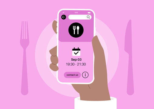 A hand holds a smartphone displaying an appointment app, the screen shows a dining reservation, The lively pink background adds a fun atmosphere.
