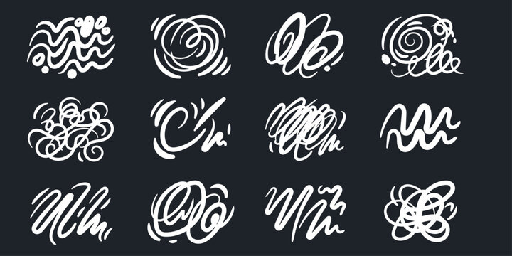 White chalk doodle elements set. hand drawn sketchy graphics. monochrome abstract vector symbols. creative artistic design assets with handdrawn abstract collection illustration scribble