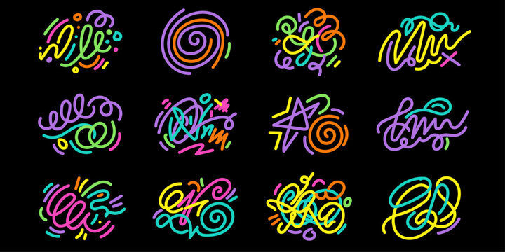 Bright neon abstract art pack. glowing hand drawn line elements. colorful vector design graphics. modern creative artistic set with abstract handdrawn colorful collection illustration