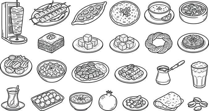 Turkish Food and Middle Eastern Cuisine Doodle Vector Set Featuring Black and White Hand Drawn Kebab Doner Baklava and Mezze Icons for Restaurant Menu Designs