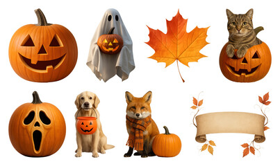 Fototapeta premium PNG Cute Halloween animals with pumpkins and autumn leaves, transparent background