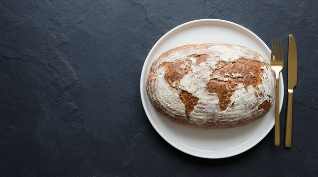 An abstract conceptual representing global hunger featuring a loaf of bread sculpted into the shape of a world map served on a white plate with a gold fork and knife on a dark stone background. bread