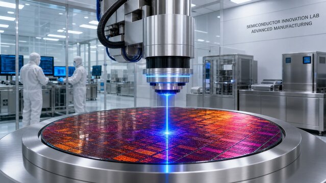 Semiconductor wafer on automated inspection stage inside advanced fabrication cleanroom