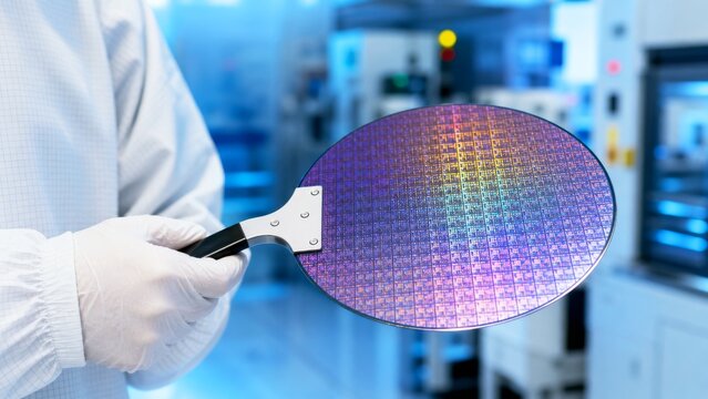 Gloved cleanroom worker handles semiconductor wafer with precision tool