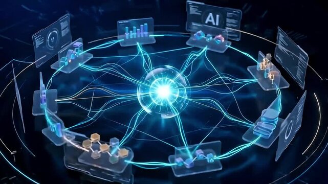 Abstract digital ecosystem featuring artificial intelligence nodes interconnected by glowing light rays in a dynamic futuristic conceptual data interface.