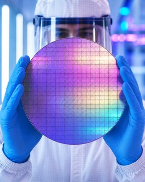 Cleanroom technician presents iridescent semiconductor wafer for inspection