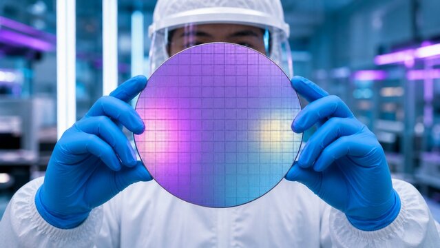 Cleanroom technician holds colorful semiconductor wafer for close inspection