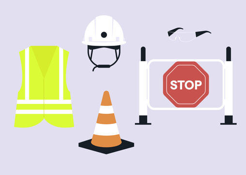 Highlighted safety items including a hard hat, goggles, reflective vest, traffic cone, and a stop sign illustrate key elements for construction site safety during daylight hours.