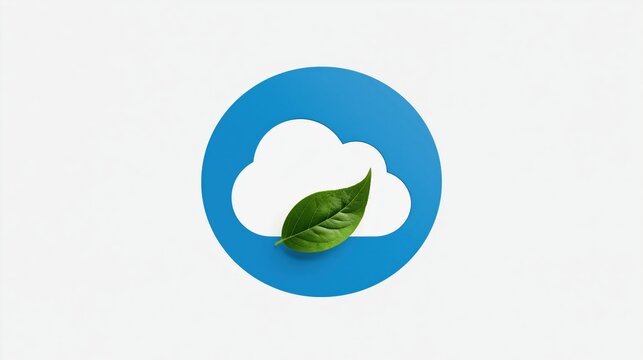 A vibrant green leaf rests upon a soft white cloud symbol which sits inside a bright blue circle representing the commitment of global technology companies toward maintaining environmental