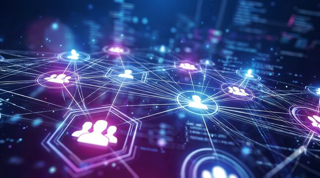 Digital social network interface with glowing user profiles and connected nodes in blue and purple.