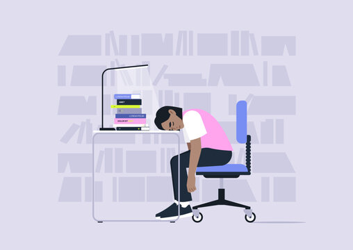 A library student sits in a chair with their head resting on a desk piled high with books, The background shows shelves filled with more study material, hinting at a busy semester.