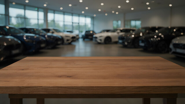 Empty Wooden Table Top with Blurred Car Showroom Dealership Interior Background for Product Placement, created with generative ai