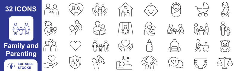 Fototapeta premium 32 Family and Parenting Vector Outline Icons Set – Family, Children, Baby Care, Parenthood, Love and Childcare Line Symbols Collection
