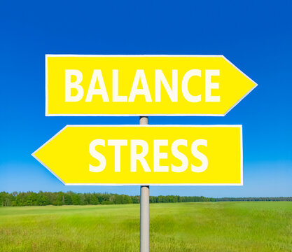 Balance instead stress words symbol. Concept words Balance Stress on beautiful yellow road sign. Beautiful blue sky background. Business medical psychology balance stress concept. Copy space.