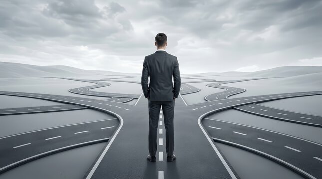 A professional man in a suit contemplating his future path among multiple diverging roads.