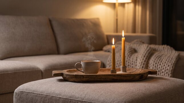 Serving a single platter with steaming tea cup and elegant candles in a modern living room, cozy sofa, peaceful atmosphere