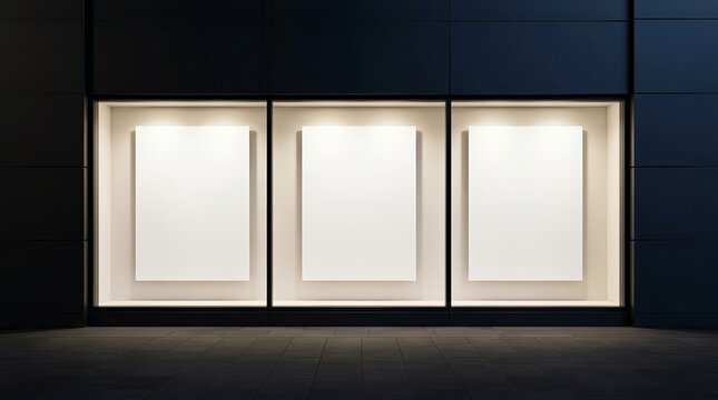A storefront window featuring three empty poster mockups under night lighting.