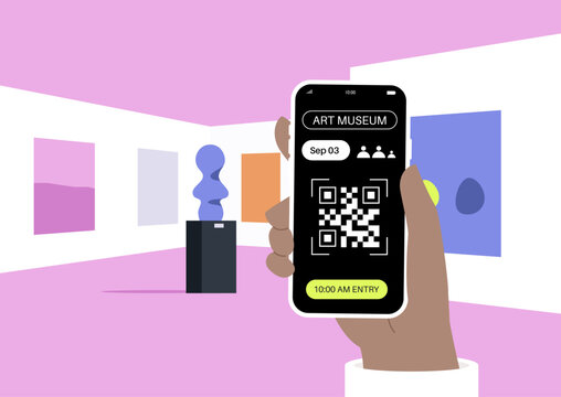 A person prepares to enter an art museum, gripping a smartphone displaying a QR code ticket, Colorful artworks adorn the walls in the background, creating a lively atmosphere.
