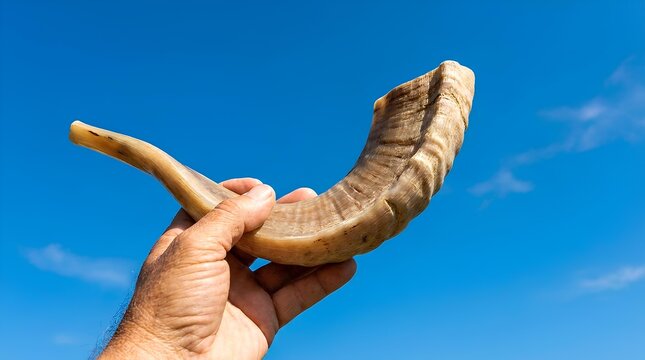 Person holding traditional rams horn shofar against clear blue sky.