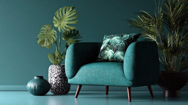 Teal textured armchair with tropical pattern cushion and monstera plant in contemporary blue green living room interior design.