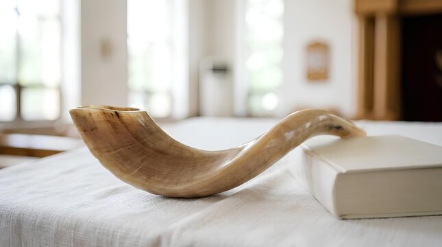Shofar on table with book.