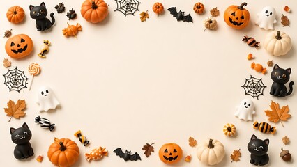 Fototapeta premium Whimsical Halloween border with pumpkins, black cats, ghosts, bats, candy and autumn leaves around copy space