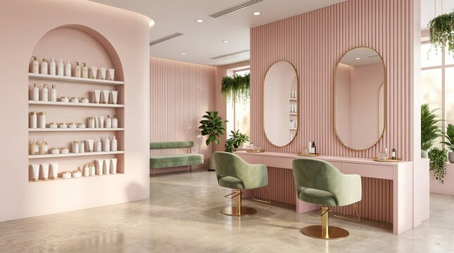 Interior of a contemporary hair salon featuring pink walls and product shelves.